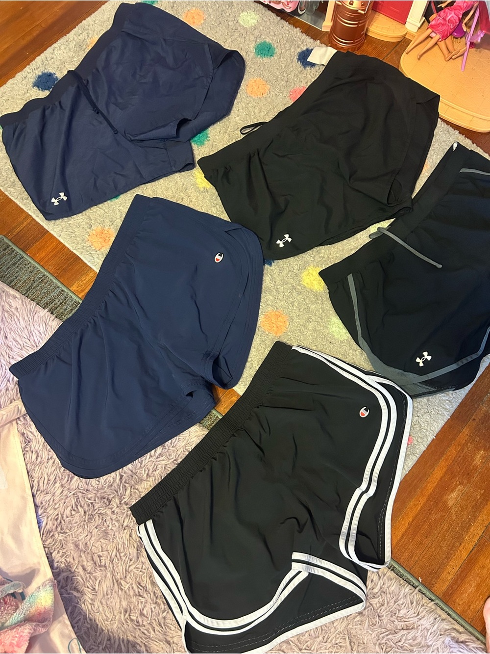 5 pairs-  (2) Champion AND (3) Under Armour XL Women's Athletic Shorts